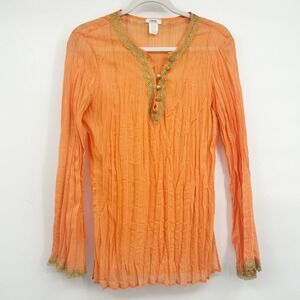 Cache Womens Orange Gold Metallic Y2K Boho Chic Lace Trim Crinkle Chiffon Top L